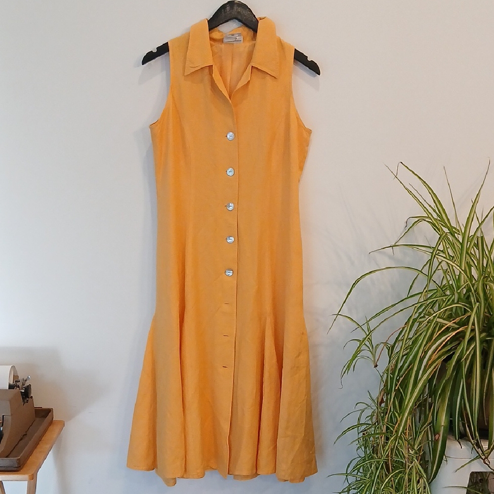 COLDWATER CREEK Vintage Yellow Sleeveless Button Up Fit And Flare Dress Lined